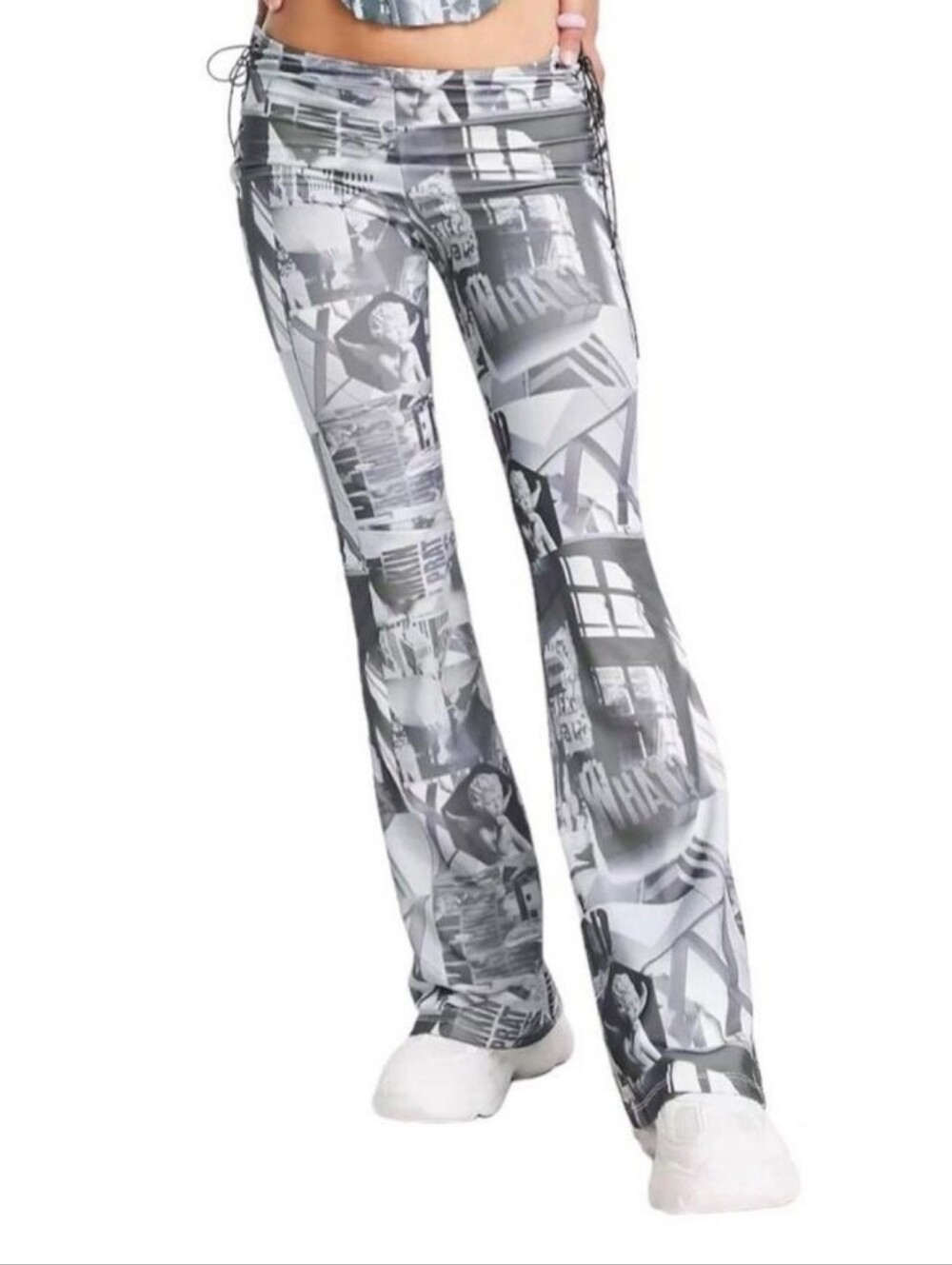 EDIKTED CHERUB NEWSPAPER Print Y2K Whimsigoth Buffy Gray Flare Leggings Pants